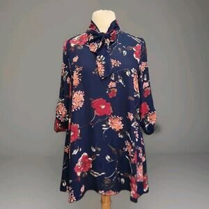 Lara Dress Size Large Bow Tie Neck Sheath Navy Floral Roll Tab Sleeve